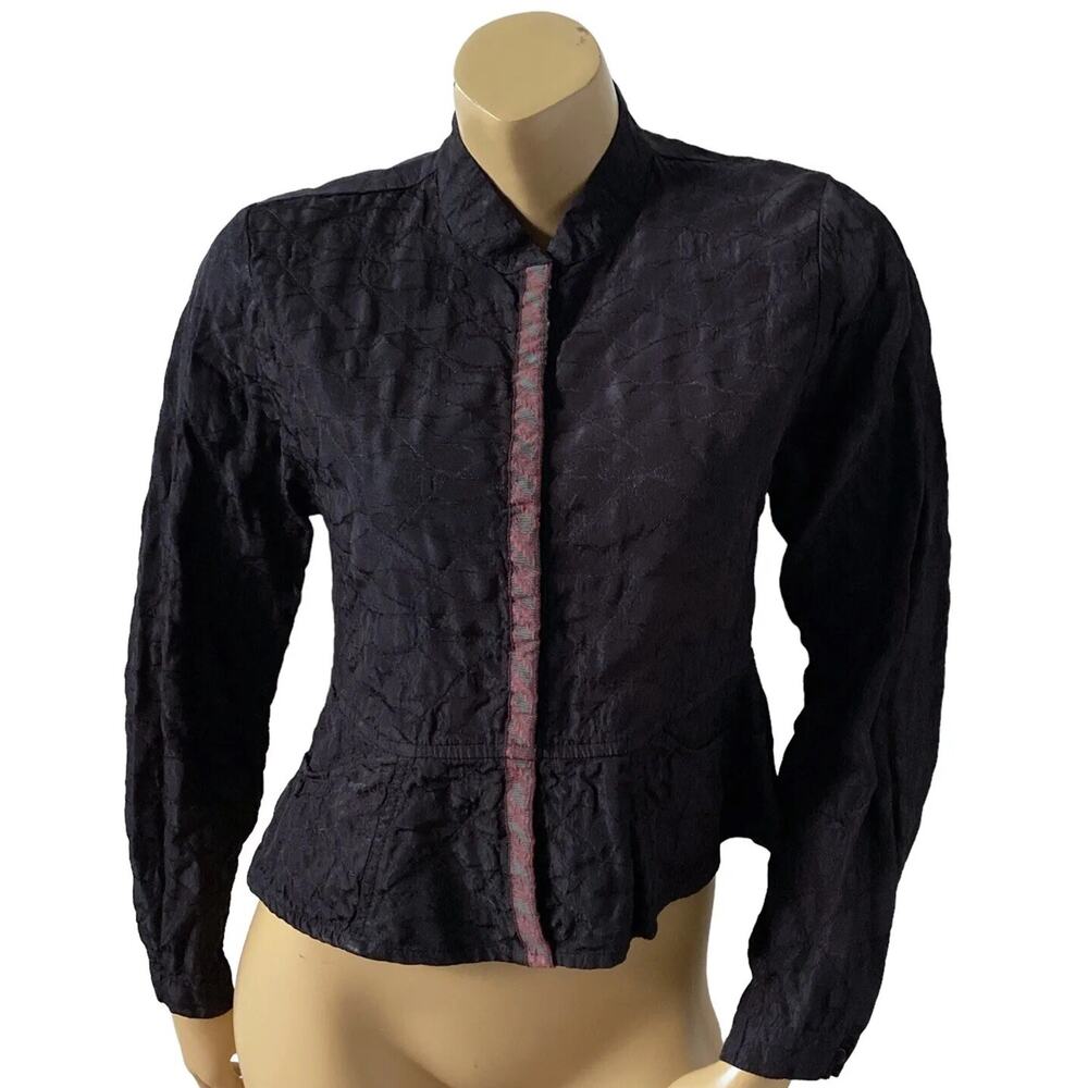 FLAX Jeanne Engelhart Womens Size Petite Black Linen Snap Up Embroidered Shirt